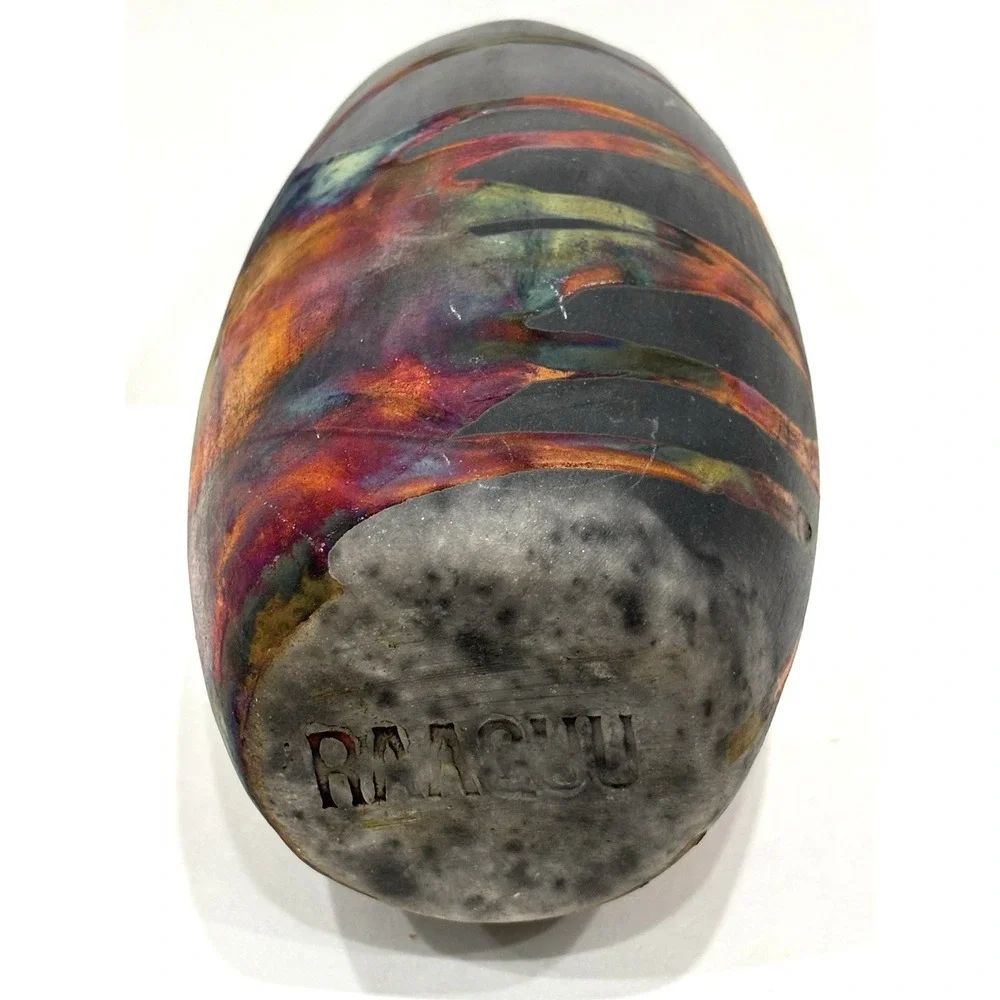 RAACUU Studio Pottery Vase Abstract Multicolor Glaze Handcrafted Stamped Base